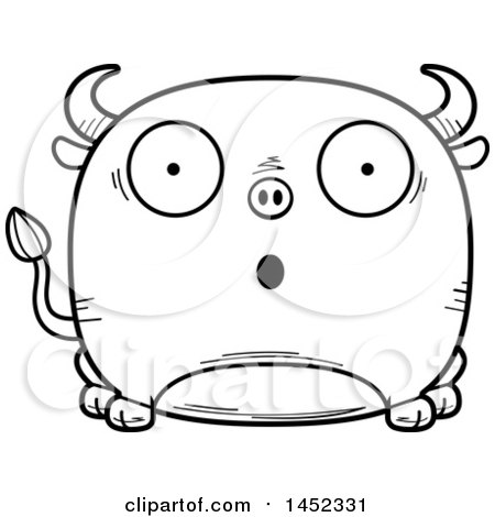 Clipart Graphic of a Cartoon Black and White Lineart Surprised Bull Character Mascot - Royalty Free Vector Illustration by Cory Thoman