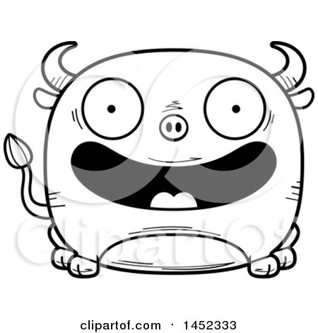 Clipart Graphic of a Cartoon Black and White Lineart Happy Bull Character Mascot - Royalty Free Vector Illustration by Cory Thoman