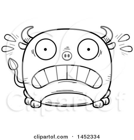 Clipart Graphic of a Cartoon Black and White Lineart Scared Bull Character Mascot - Royalty Free Vector Illustration by Cory Thoman
