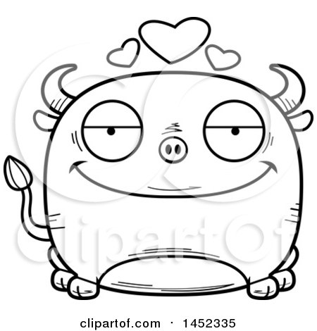 Clipart Graphic of a Cartoon Black and White Lineart Loving Bull Character Mascot - Royalty Free Vector Illustration by Cory Thoman