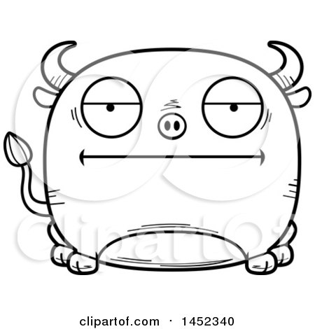 Clipart Graphic of a Cartoon Black and White Lineart Bored Bull Character Mascot - Royalty Free Vector Illustration by Cory Thoman