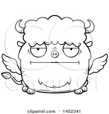 Clipart Graphic of a Cartoon Black and White Lineart Bored Winged Buffalo Character Mascot - Royalty Free Vector Illustration by Cory Thoman
