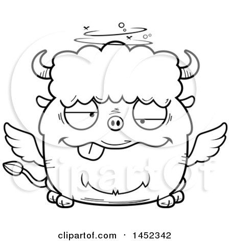 Clipart Graphic of a Cartoon Black and White Lineart Drunk Winged Buffalo Character Mascot - Royalty Free Vector Illustration by Cory Thoman