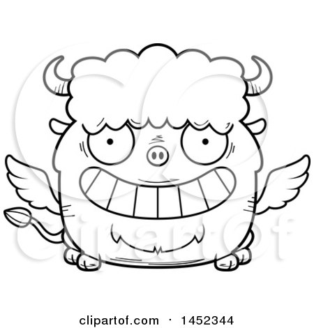 Clipart Graphic of a Cartoon Black and White Lineart Grinning Winged Buffalo Character Mascot - Royalty Free Vector Illustration by Cory Thoman