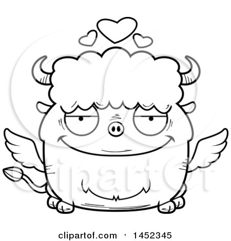 Clipart Graphic of a Cartoon Black and White Lineart Loving Winged Buffalo Character Mascot - Royalty Free Vector Illustration by Cory Thoman