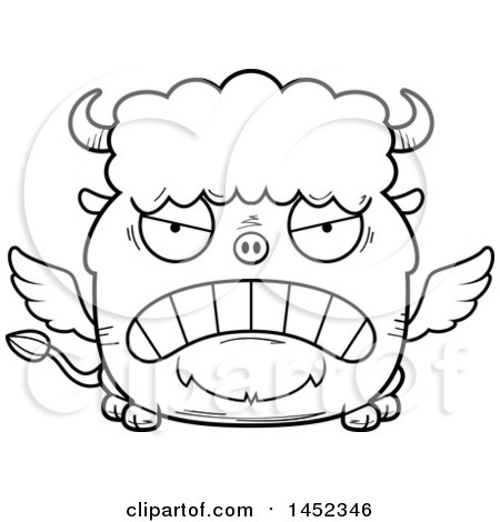 Clipart Graphic of a Cartoon Black and White Lineart Mad Winged Buffalo Character Mascot - Royalty Free Vector Illustration by Cory Thoman