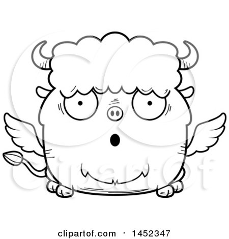 Clipart Graphic of a Cartoon Black and White Lineart Surprised Winged Buffalo Character Mascot - Royalty Free Vector Illustration by Cory Thoman