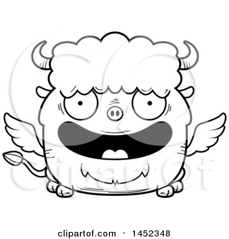 Clipart Graphic of a Cartoon Black and White Lineart Happy Winged Buffalo Character Mascot - Royalty Free Vector Illustration by Cory Thoman