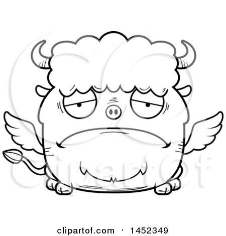Clipart Graphic of a Cartoon Black and White Lineart Sad Winged Buffalo Character Mascot - Royalty Free Vector Illustration by Cory Thoman