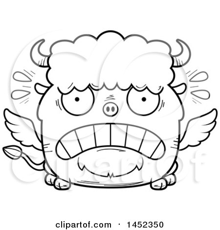 Clipart Graphic of a Cartoon Black and White Lineart Scared Winged Buffalo Character Mascot - Royalty Free Vector Illustration by Cory Thoman