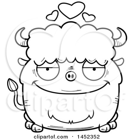 Clipart Graphic of a Cartoon Black and White Lineart Loving Buffalo Character Mascot - Royalty Free Vector Illustration by Cory Thoman