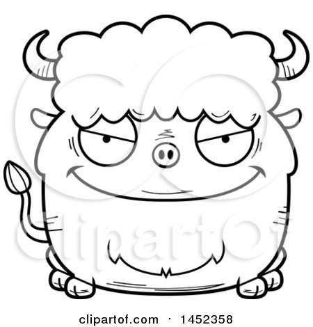 Clipart Graphic of a Cartoon Black and White Lineart Evil Buffalo Character Mascot - Royalty Free Vector Illustration by Cory Thoman