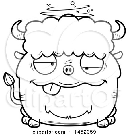 Clipart Graphic of a Cartoon Black and White Lineart Drunk Buffalo Character Mascot - Royalty Free Vector Illustration by Cory Thoman