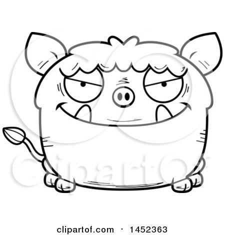 Clipart Graphic of a Cartoon Black and White Lineart Sly Boar Character Mascot - Royalty Free Vector Illustration by Cory Thoman
