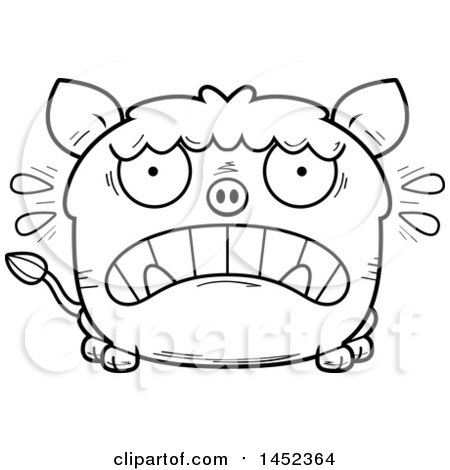 Clipart Graphic of a Cartoon Black and White Lineart Scared Boar Character Mascot - Royalty Free Vector Illustration by Cory Thoman