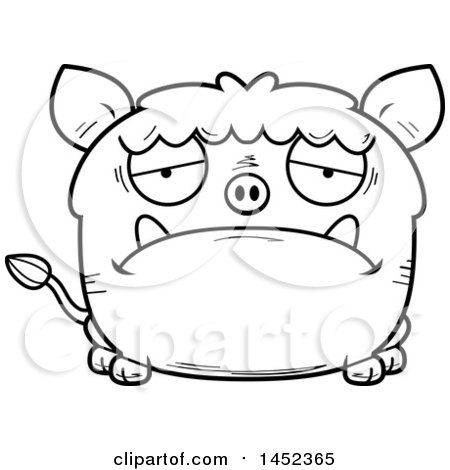 Clipart Graphic of a Cartoon Black and White Lineart Sad Boar Character Mascot - Royalty Free Vector Illustration by Cory Thoman