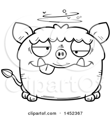 Clipart Graphic of a Cartoon Black and White Lineart Drunk Boar Character Mascot - Royalty Free Vector Illustration by Cory Thoman