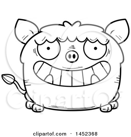 Clipart Graphic of a Cartoon Black and White Lineart Grinning Boar Character Mascot - Royalty Free Vector Illustration by Cory Thoman
