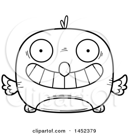 Clipart Graphic of a Cartoon Black and White Lineart Grinning Bird Character Mascot - Royalty Free Vector Illustration by Cory Thoman