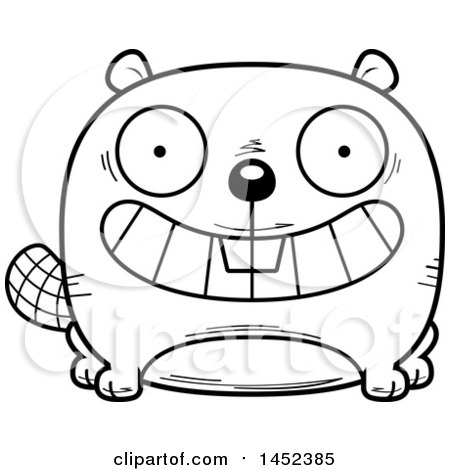 Clipart Graphic of a Cartoon Black and White Lineart Grinning Beaver Character Mascot - Royalty Free Vector Illustration by Cory Thoman