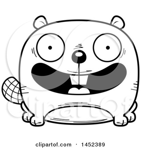 Clipart Graphic of a Cartoon Black and White Lineart Happy Beaver Character Mascot - Royalty Free Vector Illustration by Cory Thoman