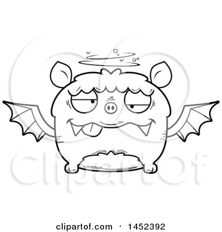Clipart Graphic of a Cartoon Black and White Lineart Drunk Flying Bat Character Mascot - Royalty Free Vector Illustration by Cory Thoman