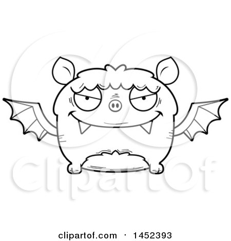 Clipart Graphic of a Cartoon Black and White Lineart Evil Flying Bat Character Mascot - Royalty Free Vector Illustration by Cory Thoman