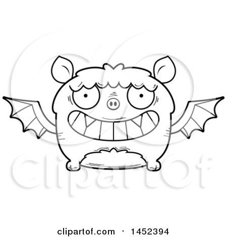 Clipart Graphic of a Cartoon Black and White Lineart Grinning Flying Bat Character Mascot - Royalty Free Vector Illustration by Cory Thoman