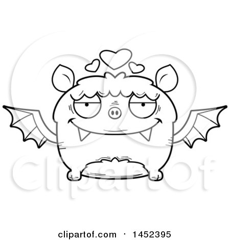 Clipart Graphic of a Cartoon Black and White Lineart Loving Flying Bat Character Mascot - Royalty Free Vector Illustration by Cory Thoman