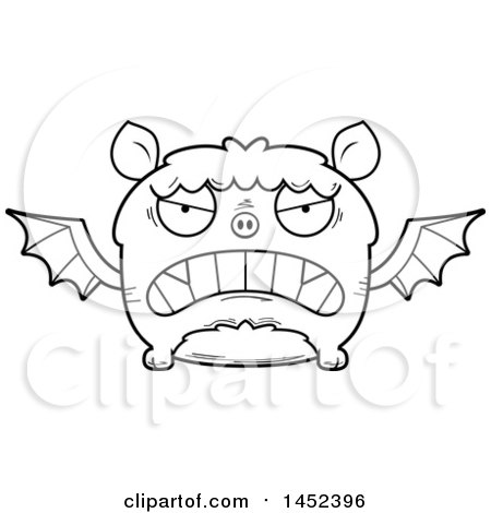 Clipart Graphic of a Cartoon Black and White Lineart Mad Flying Bat Character Mascot - Royalty Free Vector Illustration by Cory Thoman