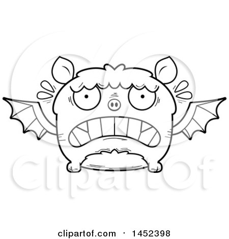 Clipart Graphic of a Cartoon Black and White Lineart Scared Flying Bat Character Mascot - Royalty Free Vector Illustration by Cory Thoman