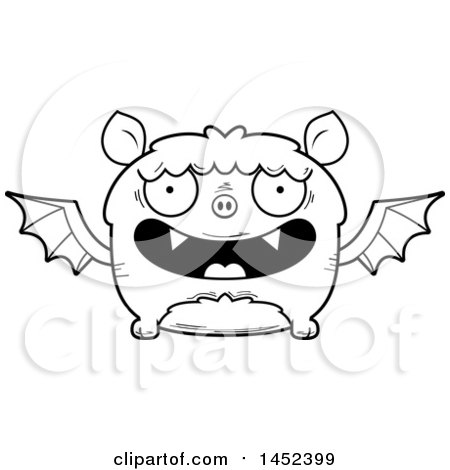 Clipart Graphic of a Cartoon Black and White Lineart Happy Flying Bat Character Mascot - Royalty Free Vector Illustration by Cory Thoman