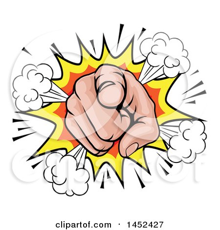 Clipart of a Cartoon Caucasian Hand Pointing Outwards in a Comic Burst - Royalty Free Vector Illustration by AtStockIllustration