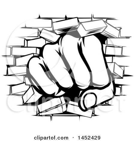 Clipart of a Black and White Fist Punching Through a Brick Wall - Royalty Free Vector Illustration by AtStockIllustration