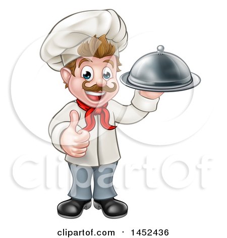Clipart of a Cartoon Full Length Happy Young White Male Chef Holding a Cloche Platter and Giving a Thumb up - Royalty Free Vector Illustration by AtStockIllustration