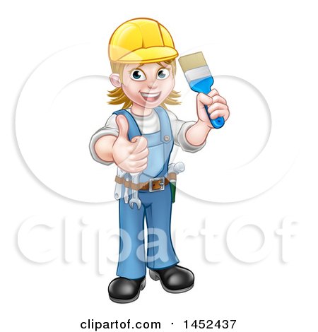 Clipart of a Cartoon Full Length Happy White Female Painter Holding up a Brush and Thumb - Royalty Free Vector Illustration by AtStockIllustration