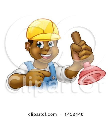 Clipart of a Cartoon Happy Black Male Plumber Holding a Plunger and Pointing - Royalty Free Vector Illustration by AtStockIllustration