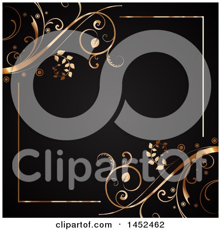 Clipart of a Gradient Copper or Gold Square Frame with Floral Vines on Black - Royalty Free Vector Illustration by KJ Pargeter