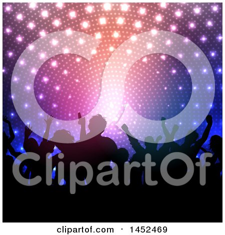 Clipart of a Crowd of Silhouetted People Dancing or Cheering Against Disco Lights - Royalty Free Vector Illustration by KJ Pargeter