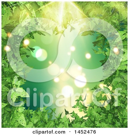 Clipart of a Border of 3d Green Leaves with Sunshine and Flares - Royalty Free Illustration by KJ Pargeter