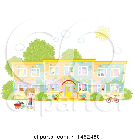 Clipart of a Caucasian Kindergarten School Boy Outside of a Building on a Sunny Day - Royalty Free Vector Illustration by Alex Bannykh