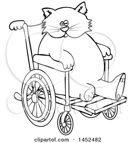 Clipart of a Cartoon Black and White Lineart Chubby 3 Legged Cat in a Wheelchair - Royalty Free Vector Illustration by djart