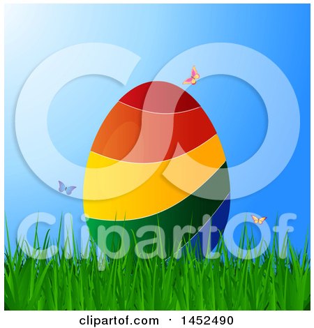 Clipart of a 3d Colorful Striped Easter Egg in Grass, with Butterflies over Blue - Royalty Free Vector Illustration by elaineitalia