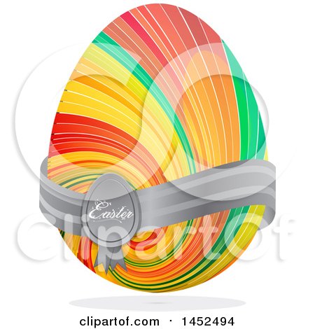 Clipart of a Colorful Striped Easter Egg with a Gray Ribbon, Shadow and Text - Royalty Free Vector Illustration by elaineitalia