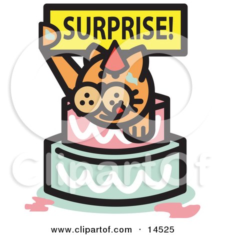 Ginger Cat Holding A Surprise Sign And Popping Out Of A Birthday Cake Clipart Illustration by Andy Nortnik