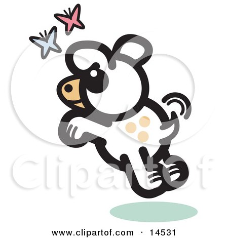 Carefree Dog Chasing Pink and Blue Butterflies Clipart Illustration by Andy Nortnik