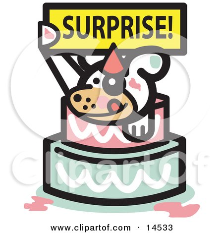 Cute Dog Holding A Surprise Sign And Popping Out Of A Birthday Cake Clipart Illustration by Andy Nortnik