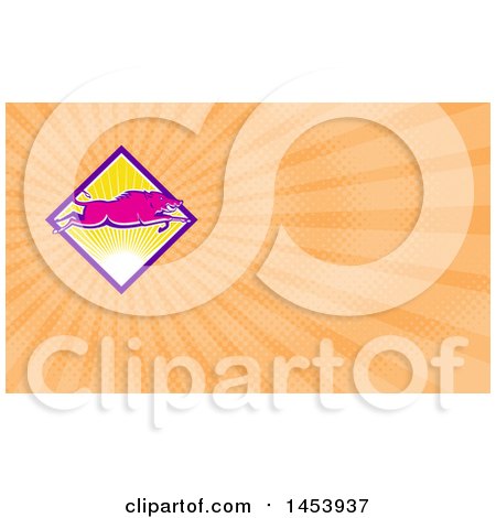 Clipart of a Pink Wild Boar Leaping over a Diamond of Sunshine and Orange Rays Background or Business Card Design - Royalty Free Illustration by patrimonio