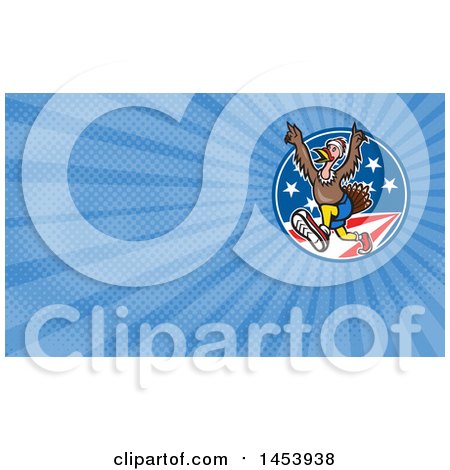 Clipart of a Turkey Trot Runner with His Arms up over American Stars and Stripes and Blue Rays Background or Business Card Design - Royalty Free Illustration by patrimonio