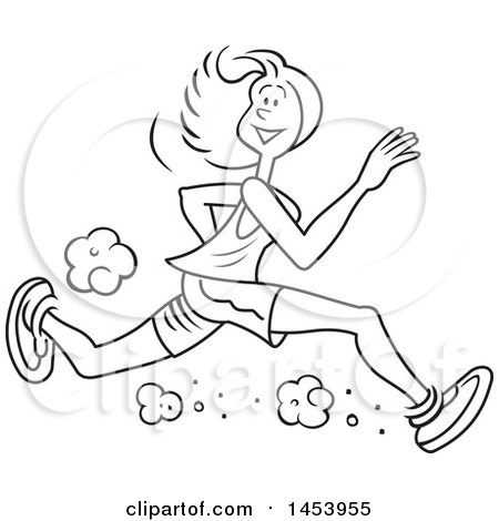 Clipart of a Cartoon Black and White Lineart Lanky Female Jogger Running - Royalty Free Vector Illustration by Johnny Sajem